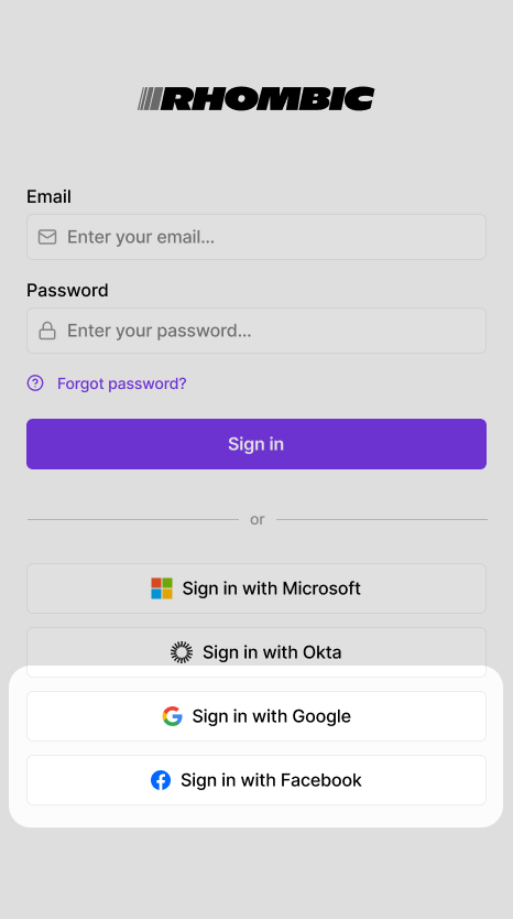 Login screen with options to sign in with Google or Facebook