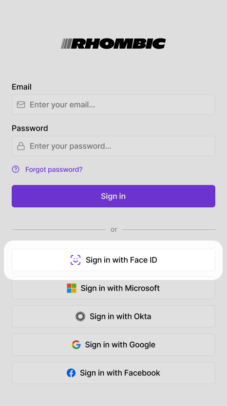 Login screen with the option to sign in with FaceID